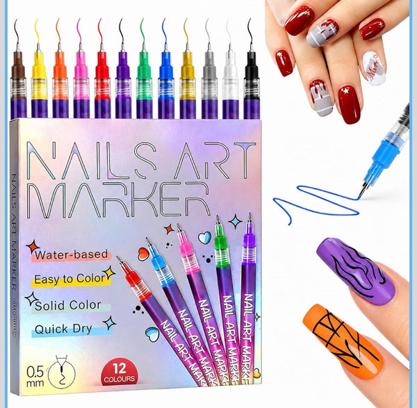 Nail Art Marker Pens Set of 12 Colors