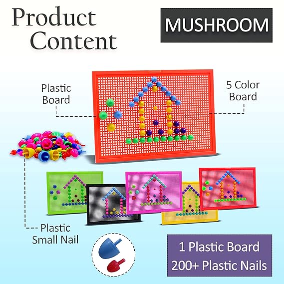 DIY Mushroom Nail Platter Pegboard Game for Kids | Knobs & Block Jigsaw Puzzle | Pack of 200+ Plastic Nails Block | Imagination & Creativity