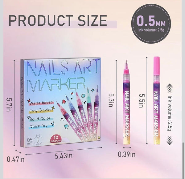 Nail Art Marker Pens Set of 12 Colors