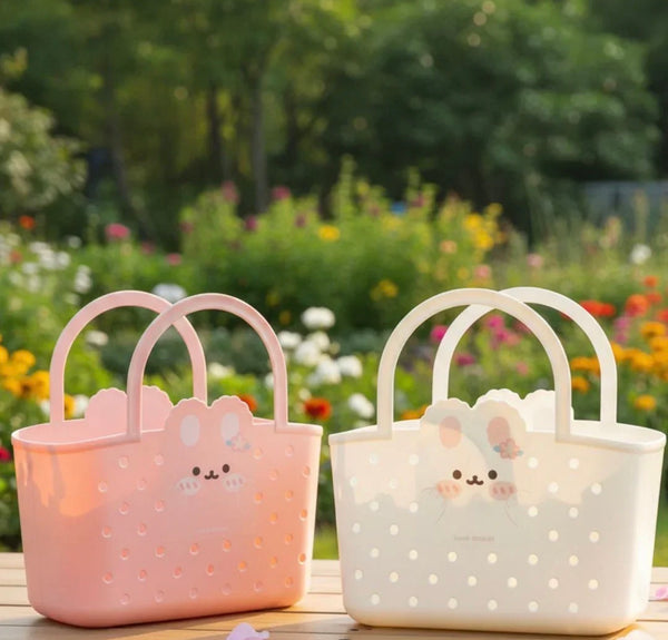 Cute Bunny Storage Basket for Kids | Plastic Tote Bag with Handle (Pack of 1)
