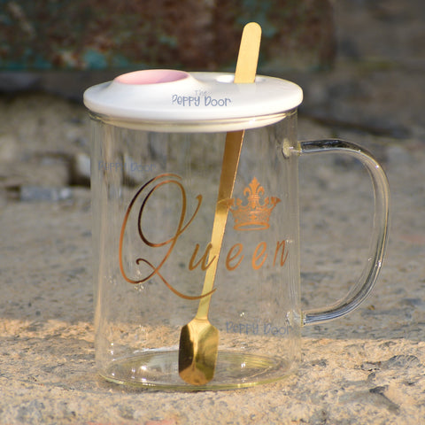 Queen Glass Mug with Lid and Golden Spoon